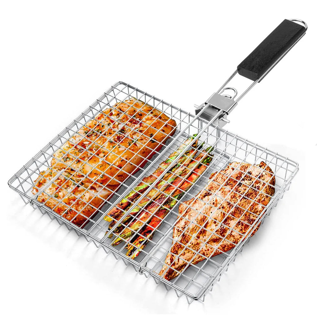Folding handle BBQ clamp with square metal net for roasting chicken on outdoor grill