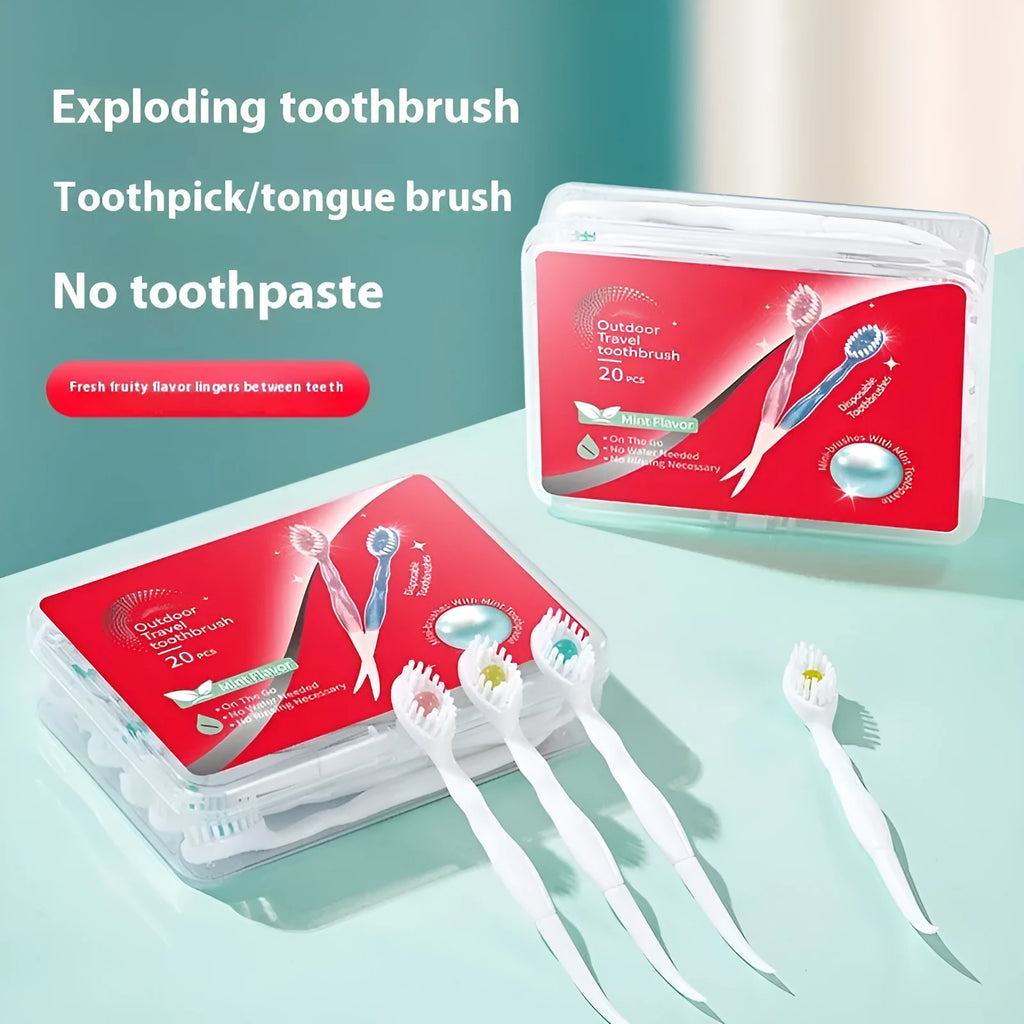 Box of individually wrapped disposable bead toothbrushes in mint, peach, and green tea flavours.