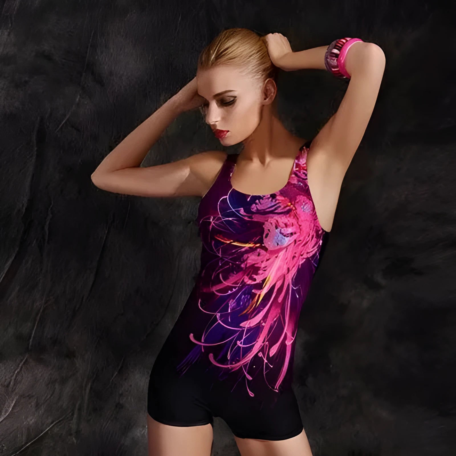 Women's black and blue quick-dry one-piece swimsuit for swimming.