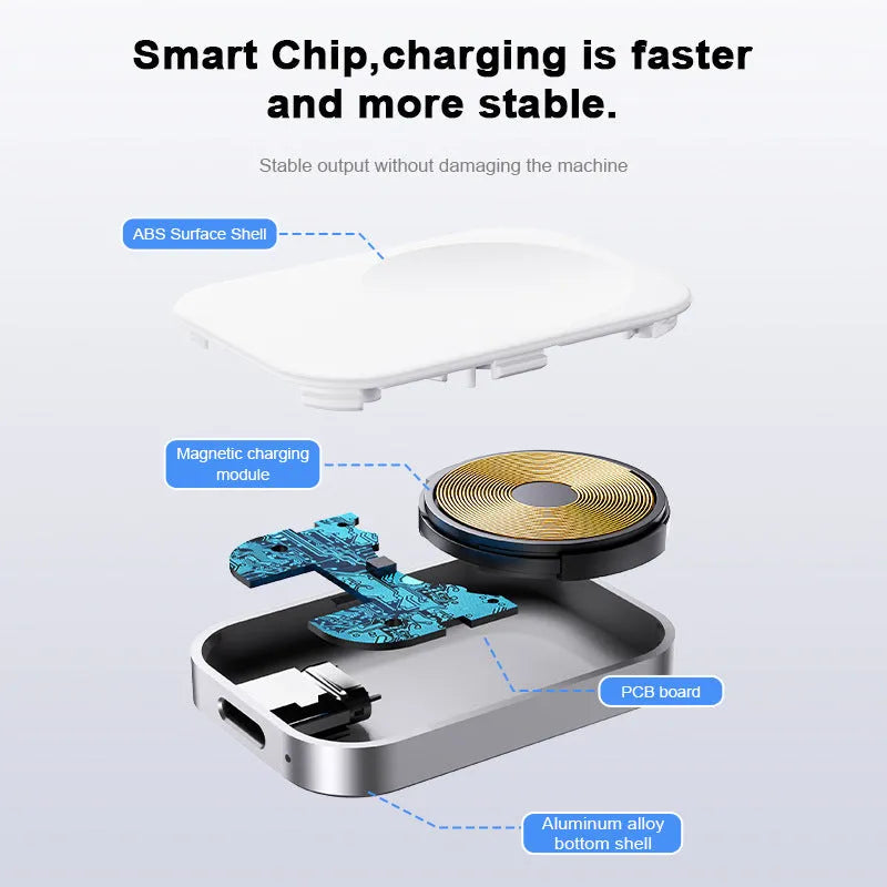 Black and white three-in-one magnetic wireless charger showing compact foldable design