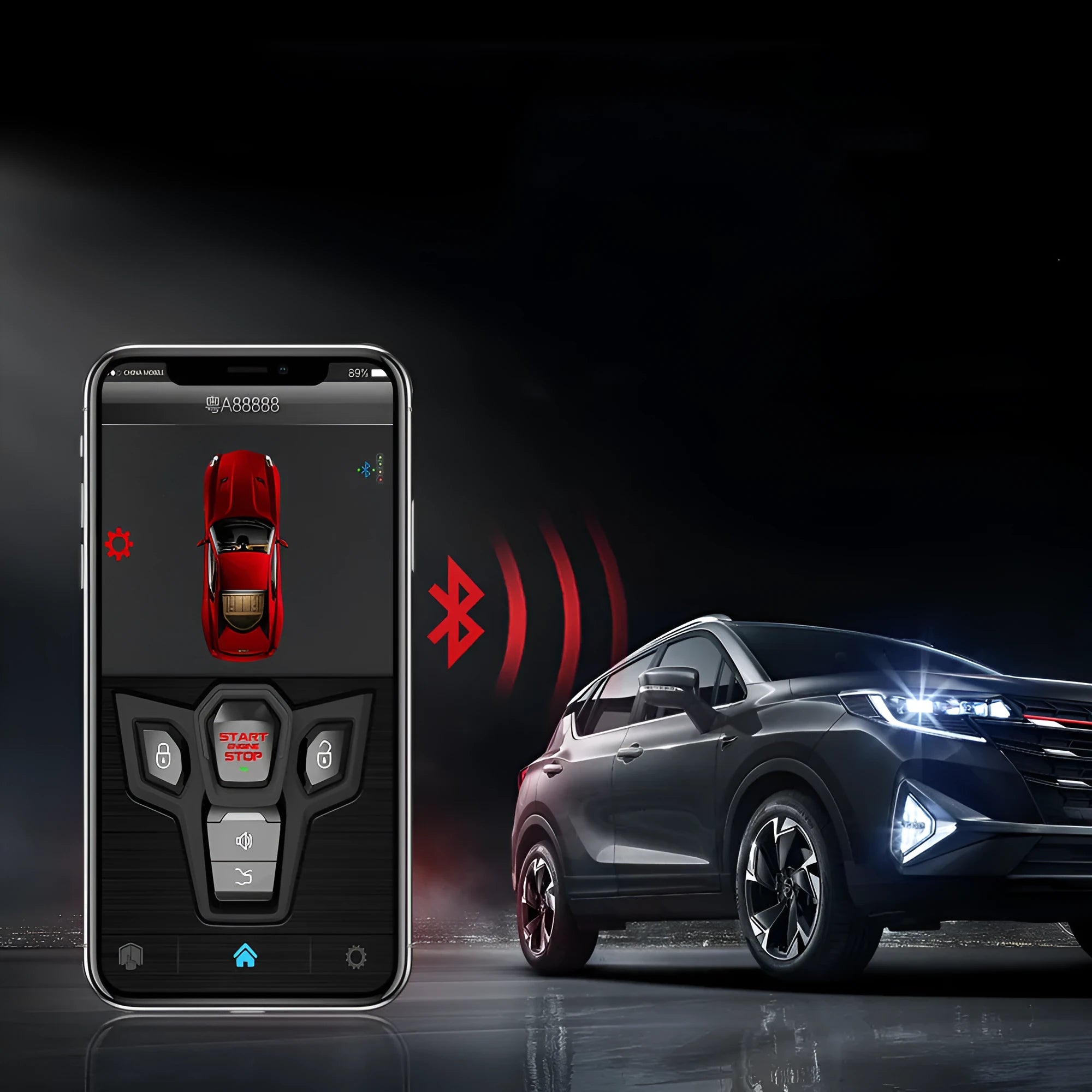 Red and frosted black one-way remote control car alarm system with two remotes for vehicle security.