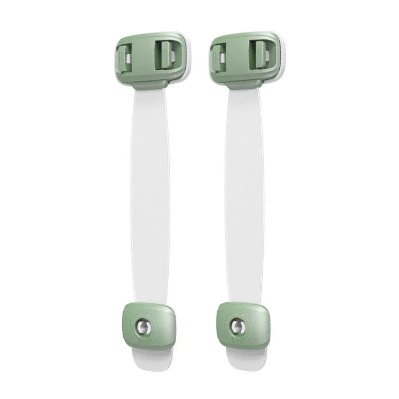 Grey and green adjustable strap child safety lock for cabinets and drawers with adhesive backing
