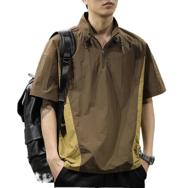 Men's brown ice silk half-zip business casual shirt with a stand collar and short sleeves.