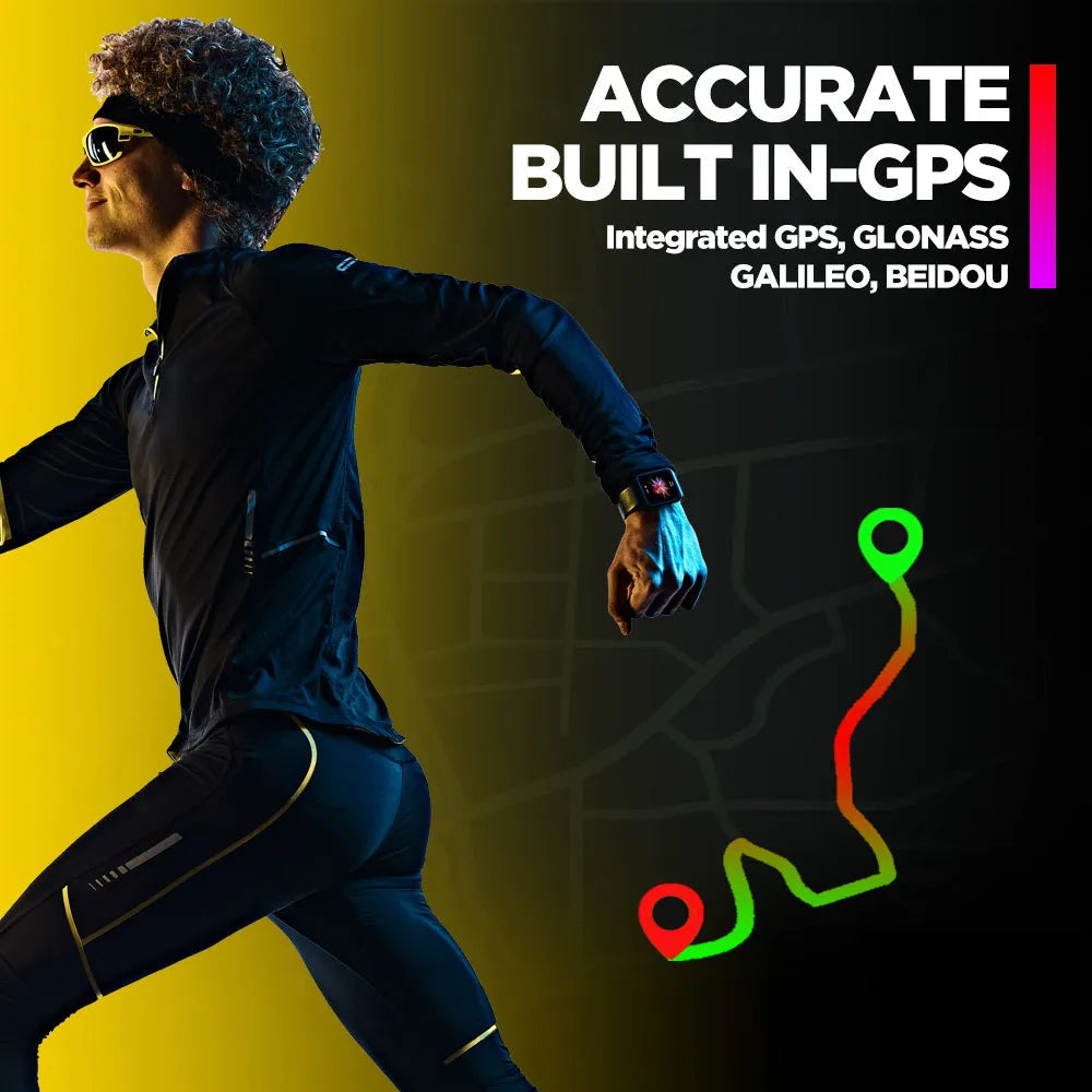 Black GPS sports smart watch with rubber strap showing health monitoring display