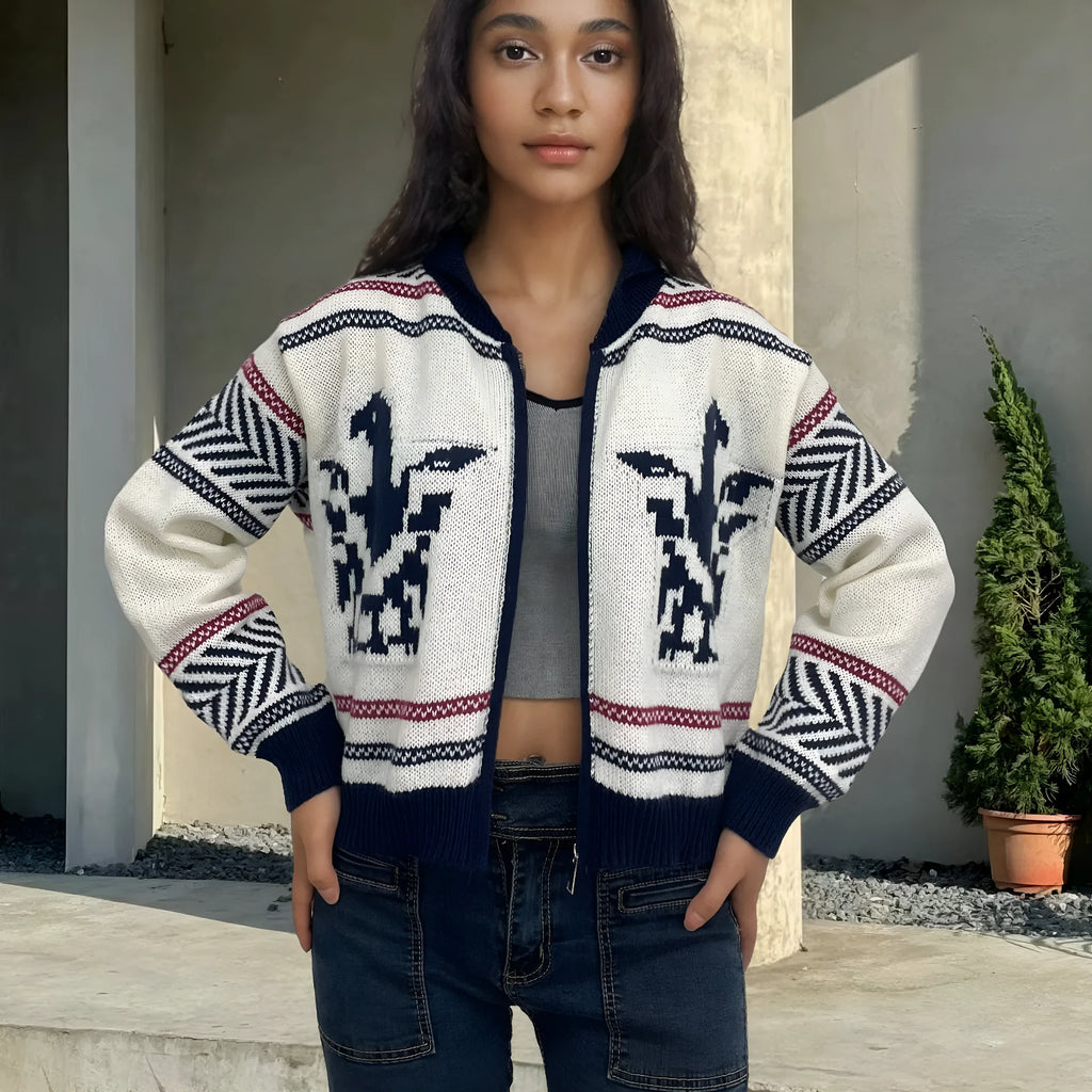 White women's zip-up cardigan with a lapel collar and a jacquard contrast stripe pattern.