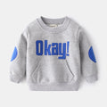 Casual boys cotton pullover sweatshirt with English print in navy blue on child model