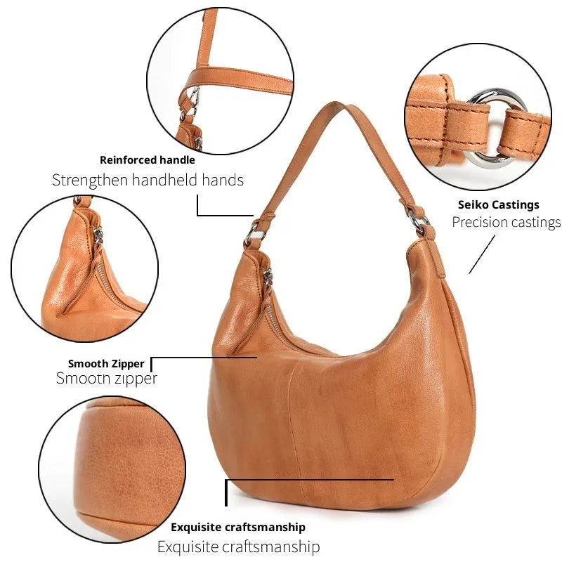 Cortical women's spliced casual crossbody bag in top grain leather, yellowish brown with khaki, dumpling shape, 30x7x19cm