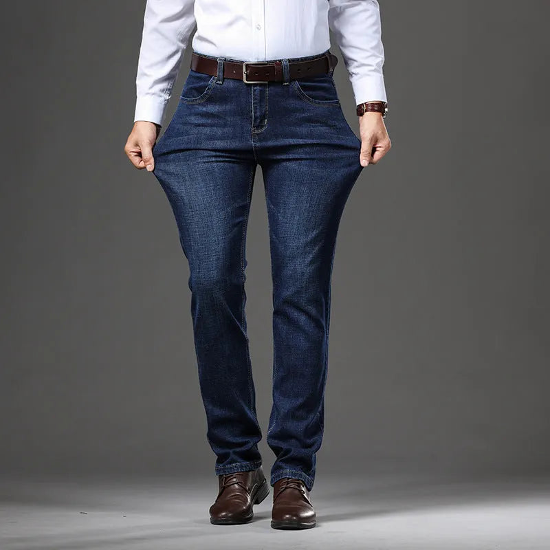 Stretch jeans in black or blue with straight-leg business casual styling for autumn winter wear