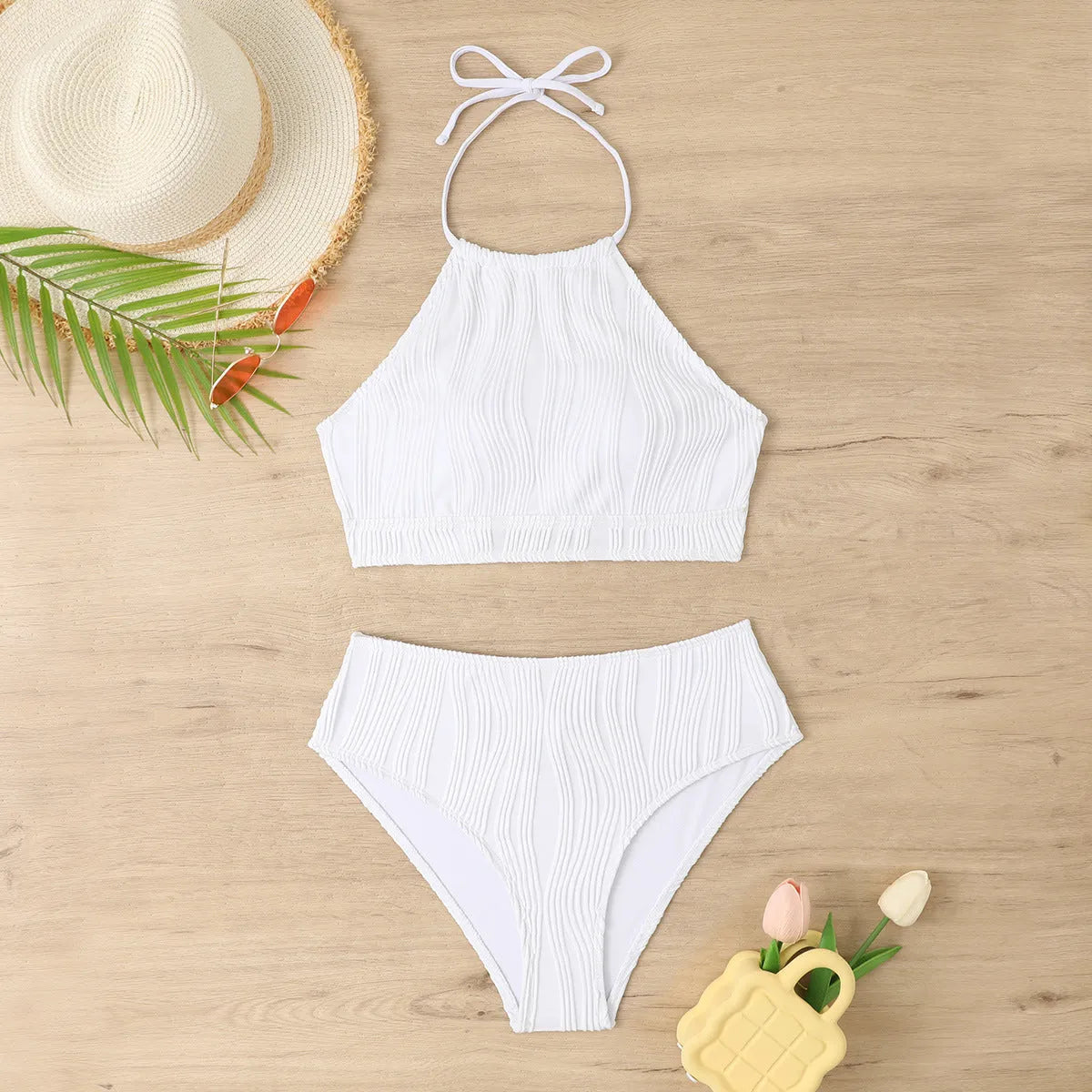 Women's high waist conservative swimsuit bikini set in polyester fabric for swimming