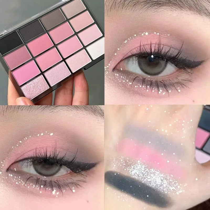 16 colour eye shadow palette with crouching silkworm design showing pink and brown shimmer matte shades