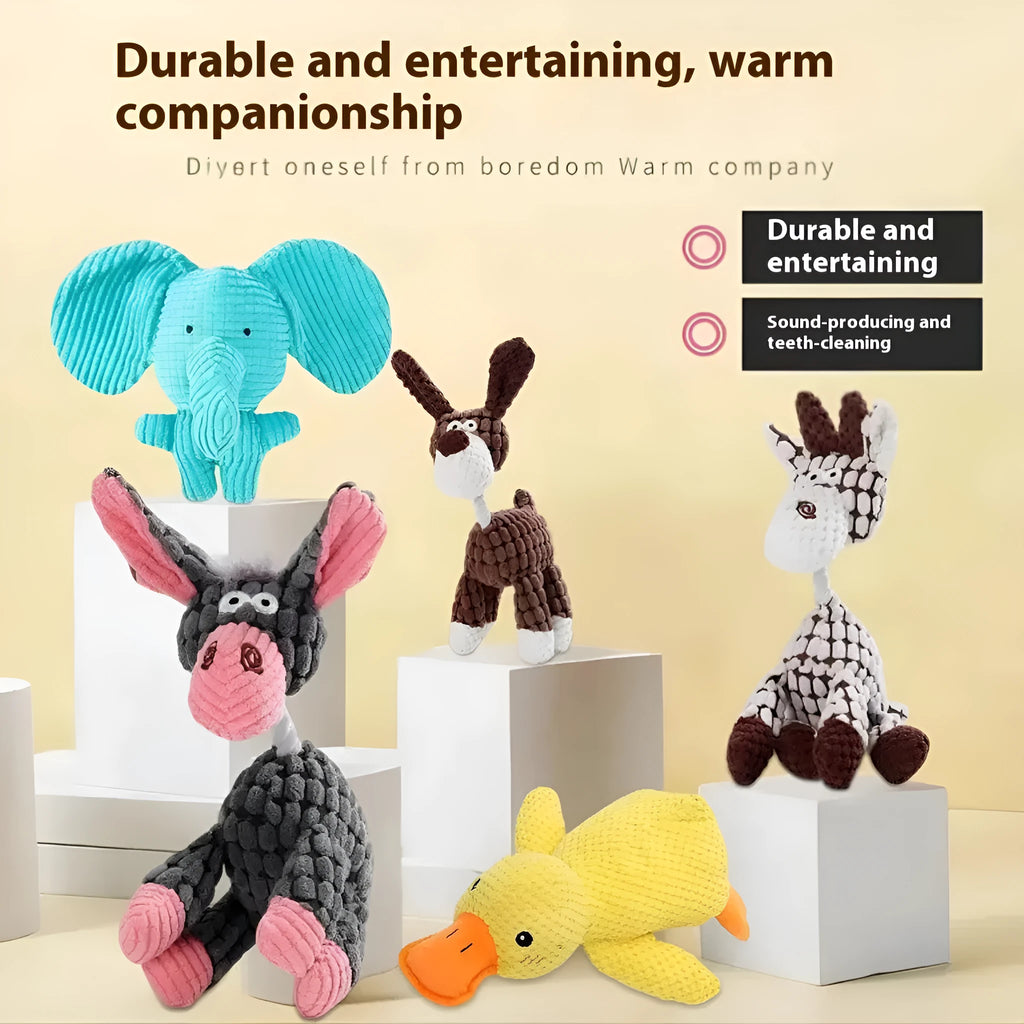 Soft plush puppy toy in character styles including a rechargeable duck, a donkey, a blue elephant, a vertigo dog, and a winky elephant.