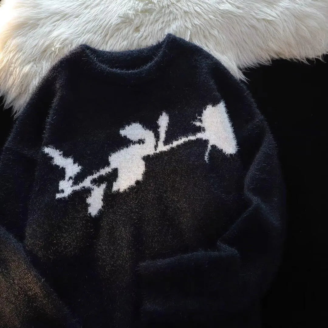 Men's dark grey sweater with a large white flocking horse pattern on the chest.