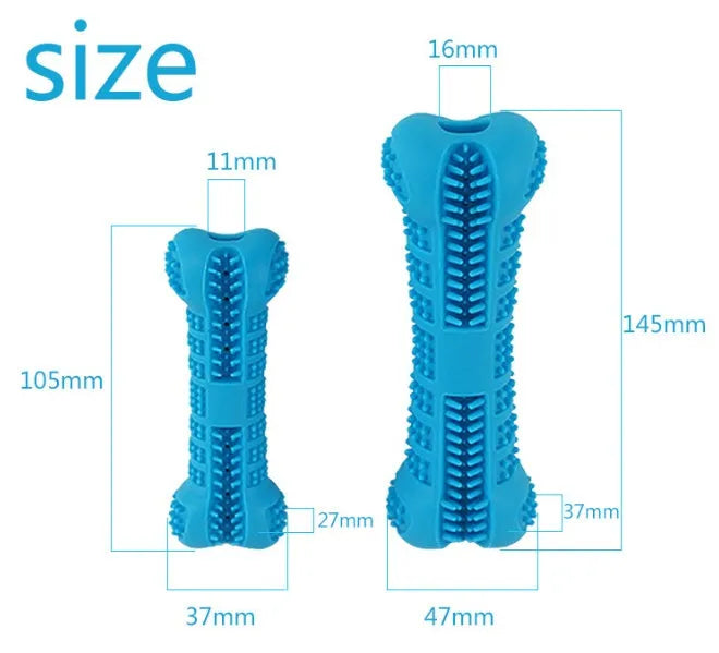 Bone-shaped silicone dog toothbrush with bristles on all sides and top toothpaste hole, in blue or green.