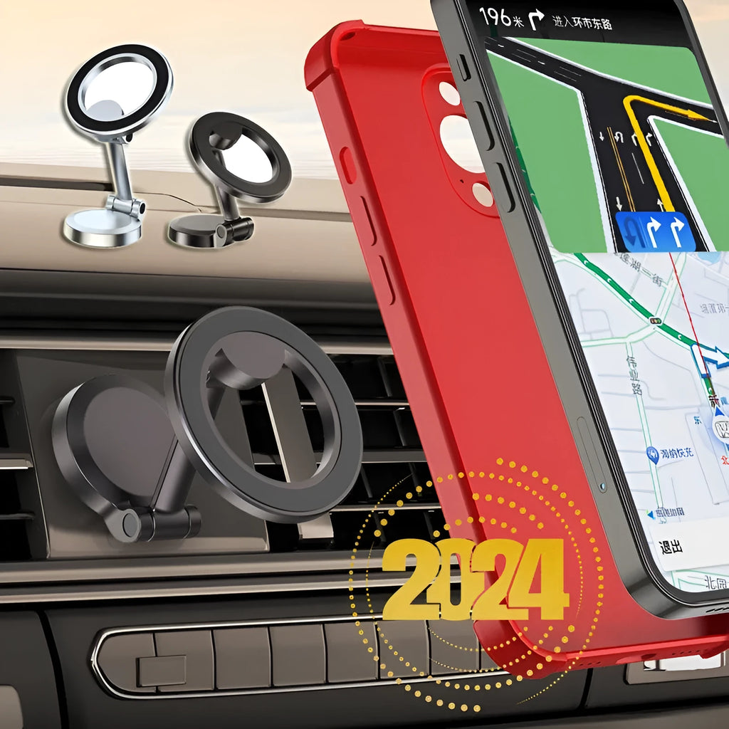All-metal foldable magnetic car phone mount in Qian colour, shown on a dashboard.