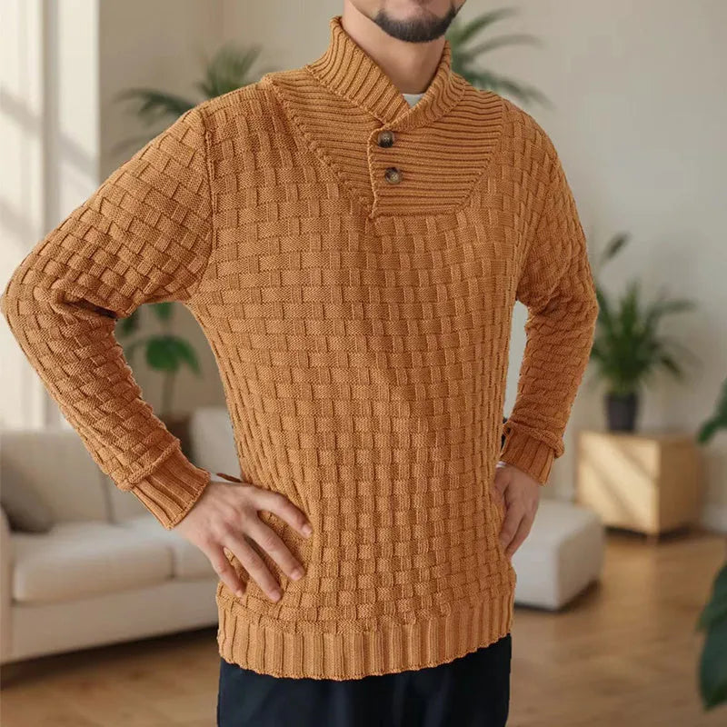 Men's slim turtleneck sweater with button design in solid colour, thick polyester fabric, available in multiple colours