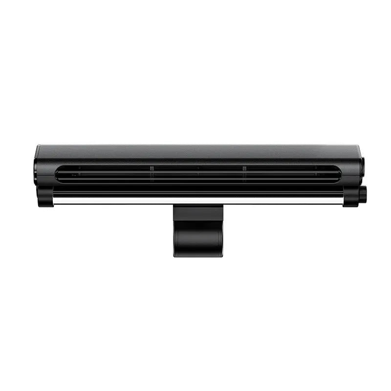 Black USB bladeless desk fan with a clamp, attached to a laptop screen, showing its integrated lighting lamp.