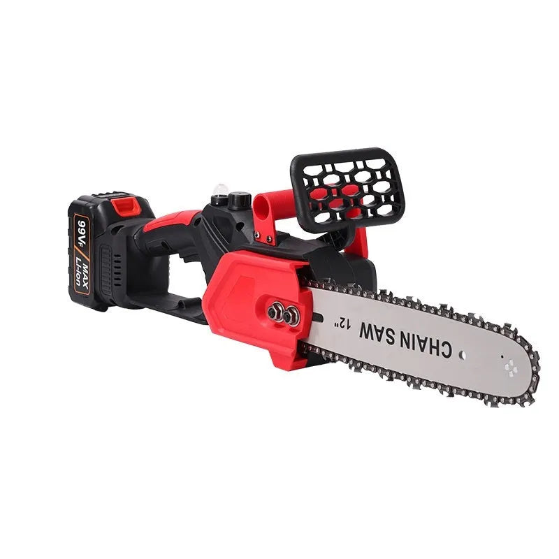 Red 12-inch handheld chainsaw with brushless D1 motor, manganese steel chain, and rechargeable lithium battery