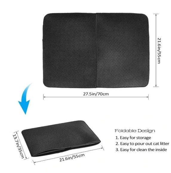 Waterproof EVA double-layer cat litter mat in black honeycomb design, size L foldable, placed under a litter box
