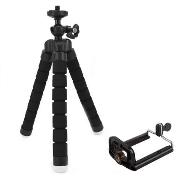 Black flexible octopus tripod with bent legs wrapped around a pole, holding a smartphone.
