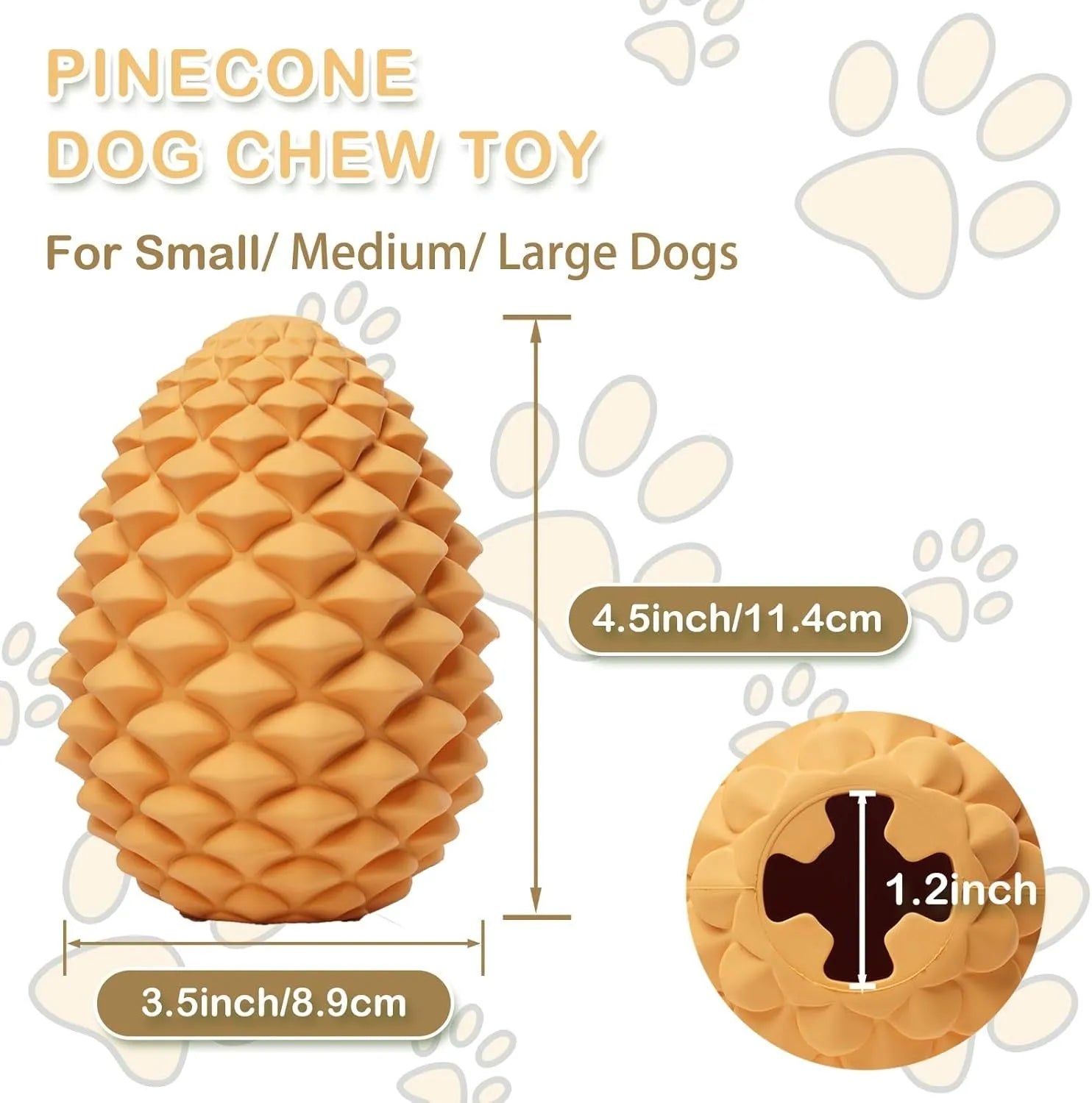 Yellow pine cone-shaped natural rubber dog chew toy with treat dispenser hole.