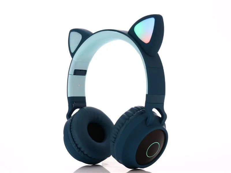 Cartoon cat ears wireless Bluetooth gaming headset shown in one of five colours: green, light blue, pink, purple, or skin tone.