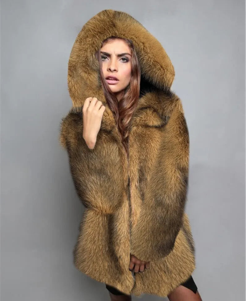Women's loose silver grey artificial fur coat with a medium length of 65cm.