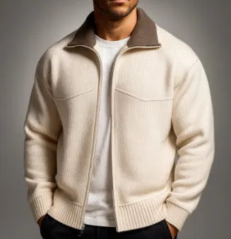 Men's knitted cardigan in beige or dark blue, long sleeve, loose fit, sizes L to 3XL, acrylic blend.