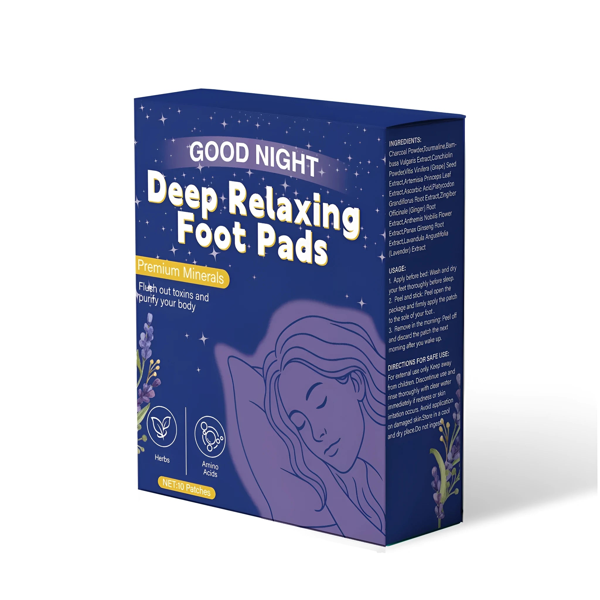 Good Night Deep Relaxation Foot Patch 10-pack box with patches on feet