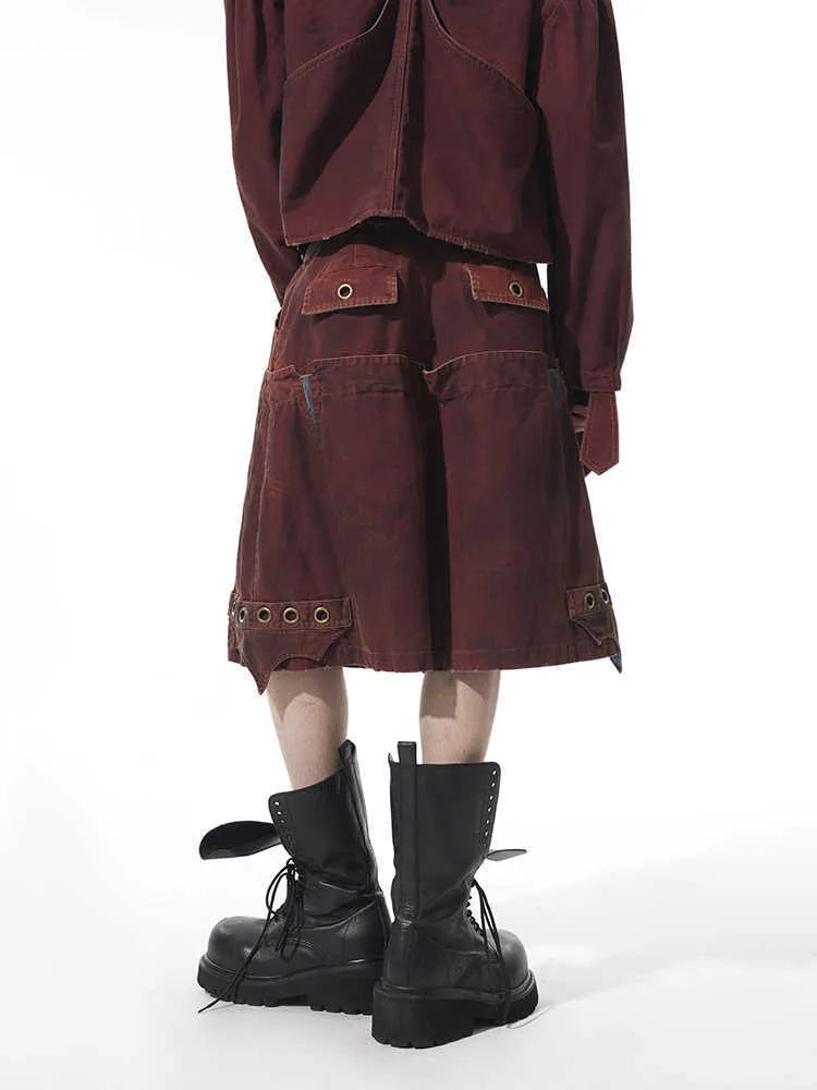 Men's black double waist loose cropped trousers with stitching detail and elastic waistband