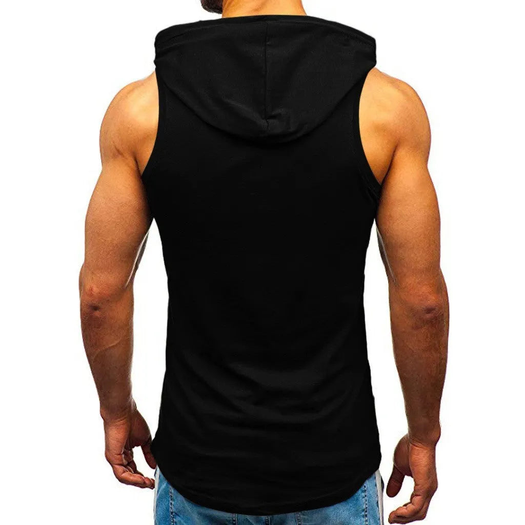 Men's sleeveless letter print hoodie vest in white, black or army green, with patch pocket and round hem.