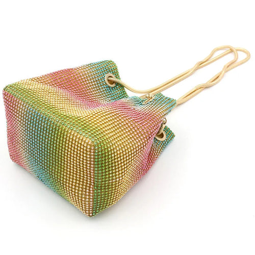 Soft rainbow-coloured rhinestone bucket bag with a flexible structure and classic shape.
