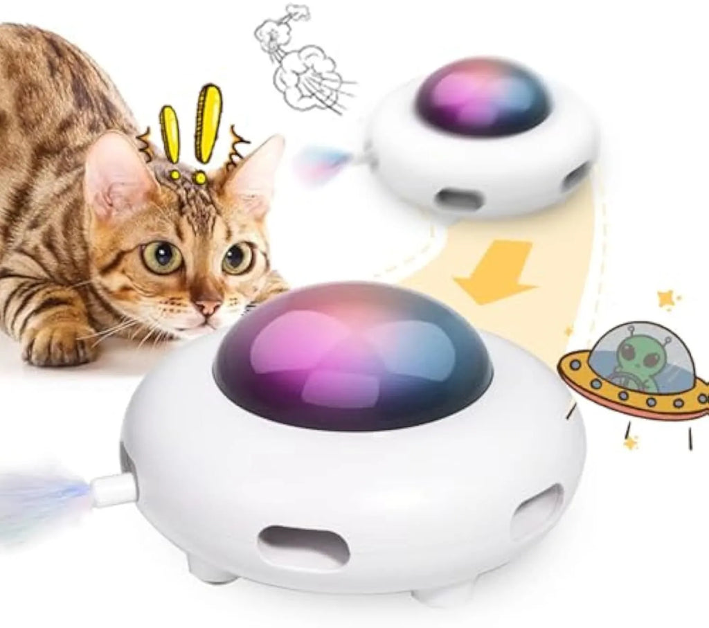 White 4 Angels UFO automatic interactive cat toy with feathers and LED lights