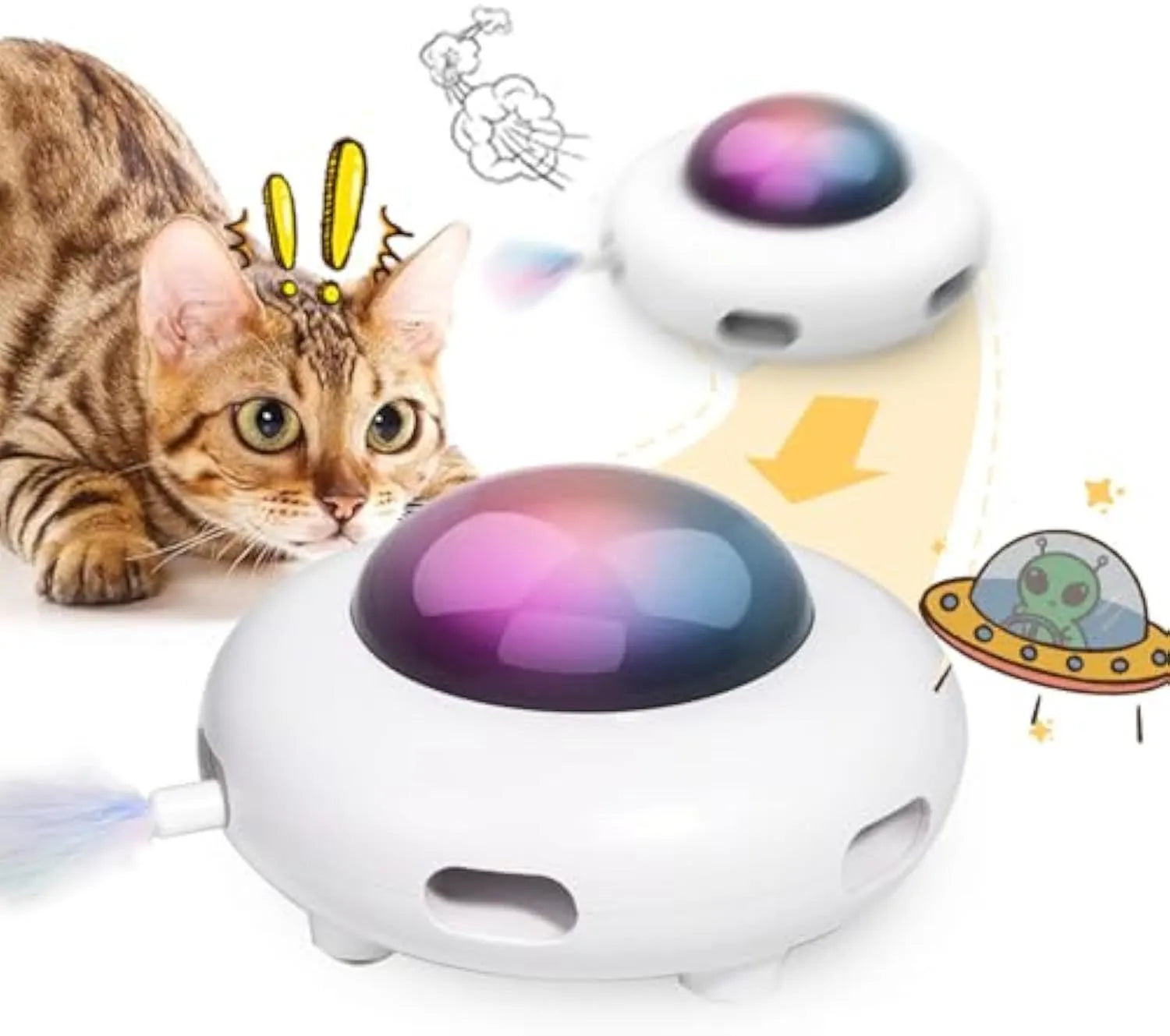 White 4 Angels UFO automatic interactive cat toy with feathers and LED lights