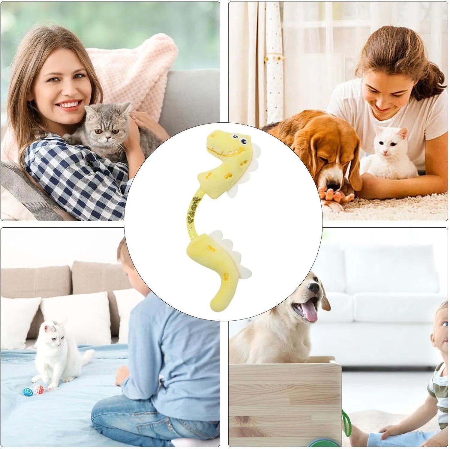 Set of four cat chew toys including plush mouse, fish, bunny and catnip rope toys for teeth cleaning