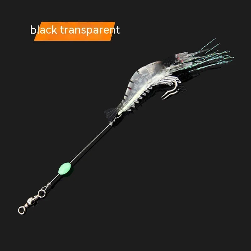 Six soft plastic fishing lures with hooks in various colours including black head yellow body and luminous pink.