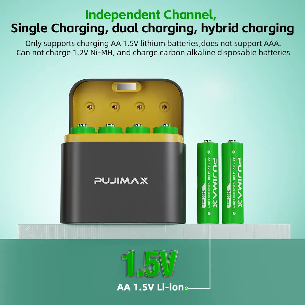 Eight-slot AA smart lithium battery charger with Type-C port and green indicator light, charging multiple batteries