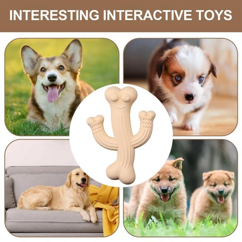 Beige, blue, and purple cactus-shaped dog chew toy made from bamboo fibre and rubber