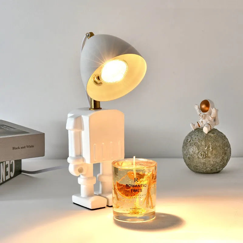 Robot aromatherapy wax lamp in white with resin hardware, dimmable fragrance table lamp 30.5cm tall