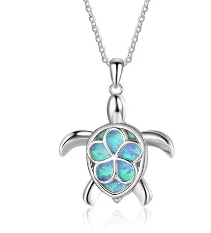 Silver filled blue opal sea turtle pendant necklace with vintage finish