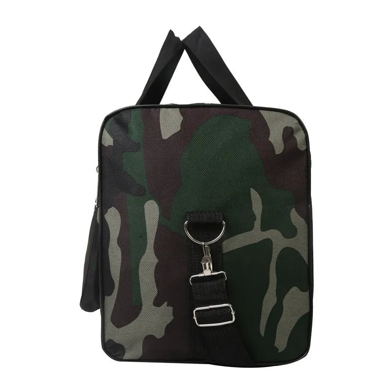 Camouflage patterned waterproof luggage bag with stripe lining, shown with capacity below 20 litres.