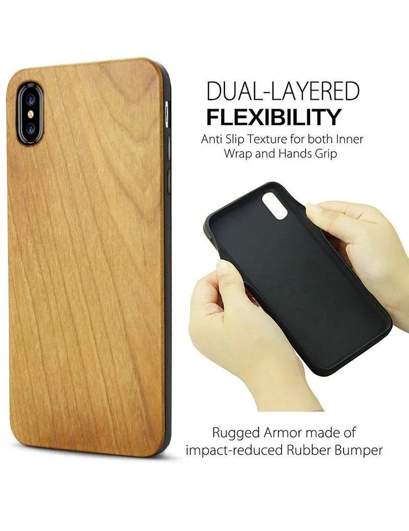 Wooden iPhone case with laser-engraved floral pattern and a black TPU bumper, shown on an iPhone.