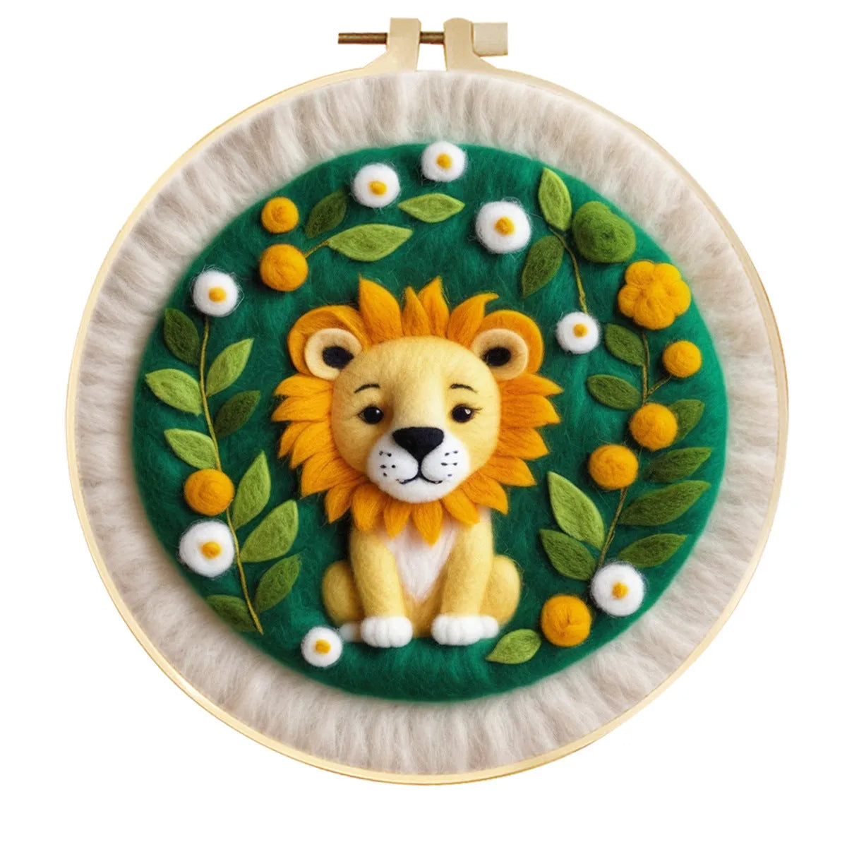 Round linen embroidery frame with wool felt floral decoration kit for three-dimensional wall art