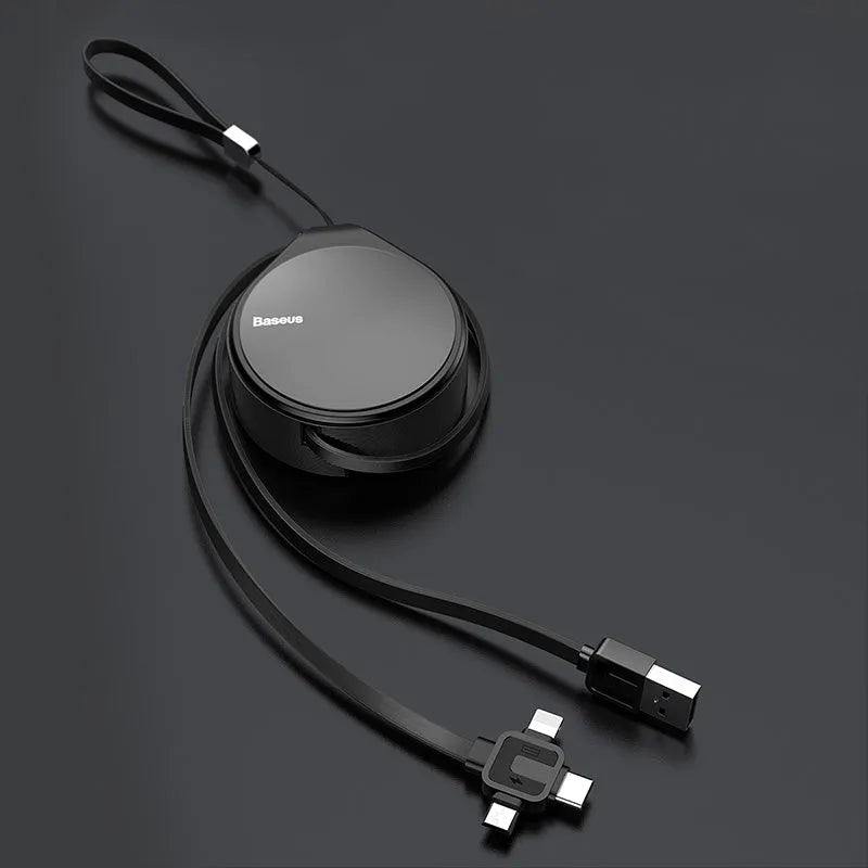 Telescopic USB charging cable with three-in-one split connector showing Lightning, USB-C and Micro-USB ports