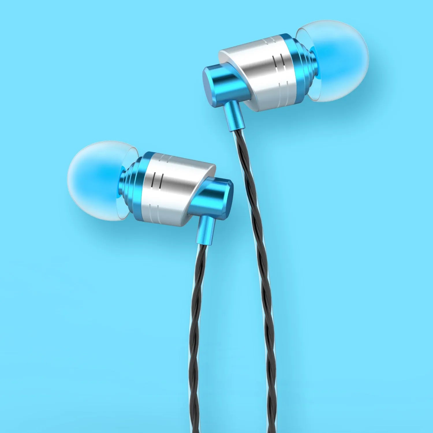 Wired in-ear headset with 3.5mm plug, microphone on cable, in black, blue, or red.