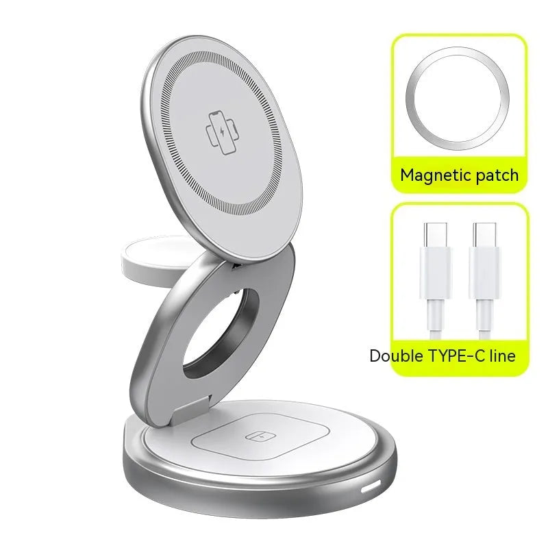 3-in-1 magnetic folding wireless charger stand in grey, with phone and headphones on a desk