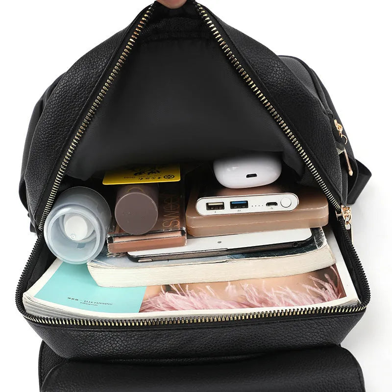 Soft pu women's backpack with three-dimensional pockets in black, blue, or taro purple
