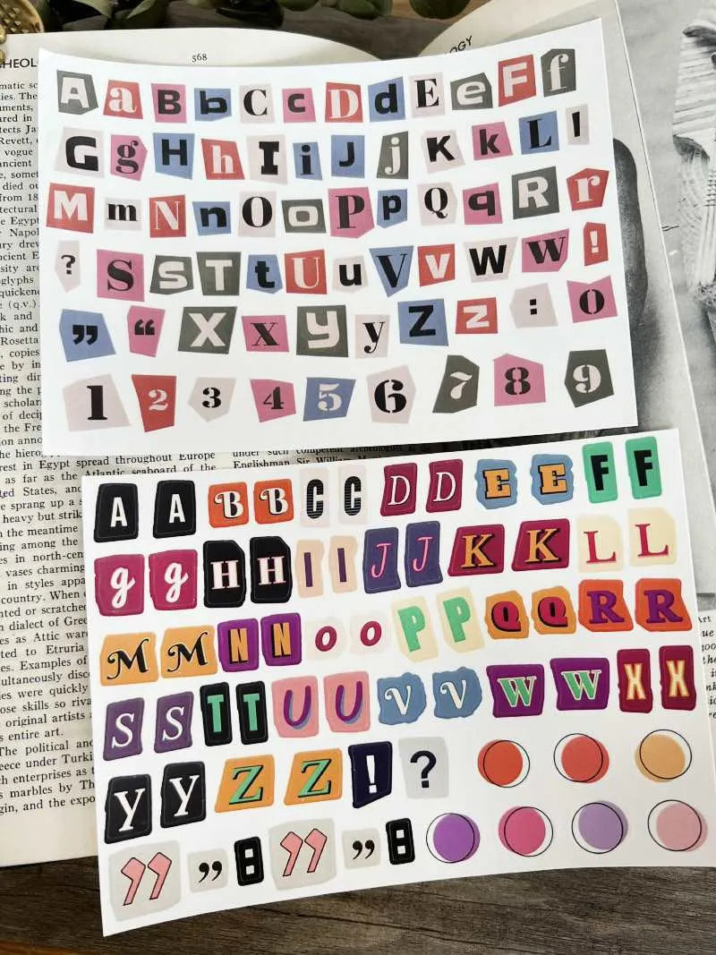 Pack of decorative stickers showing printed English alphabet letters and weekday words in a cute style for crafts.
