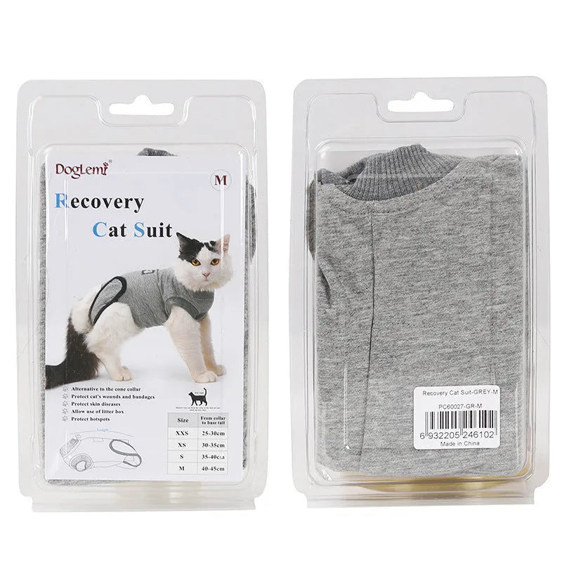 Pet cat recovery suit in pure cotton with anti-mite and sterilisation features, available in multiple sizes for small cats