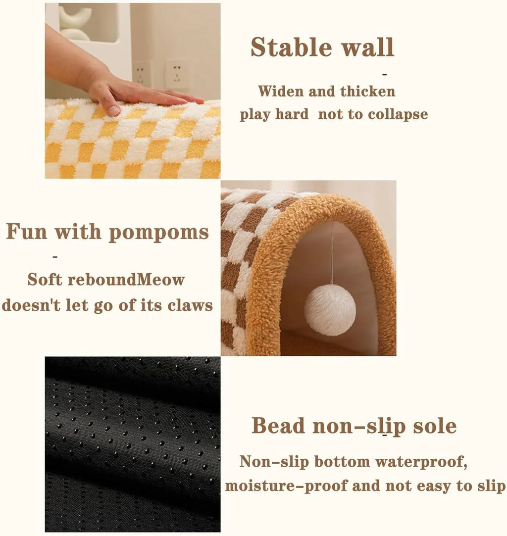 Brown plush plaid cat tunnel bed with central mat and zippered tunnel for indoor cats