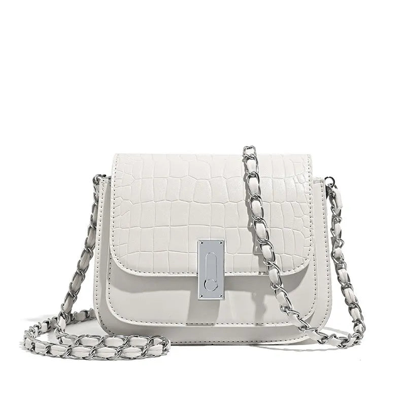 Women's soft PU chain shoulder bag in black, white, or green with internal phone pocket